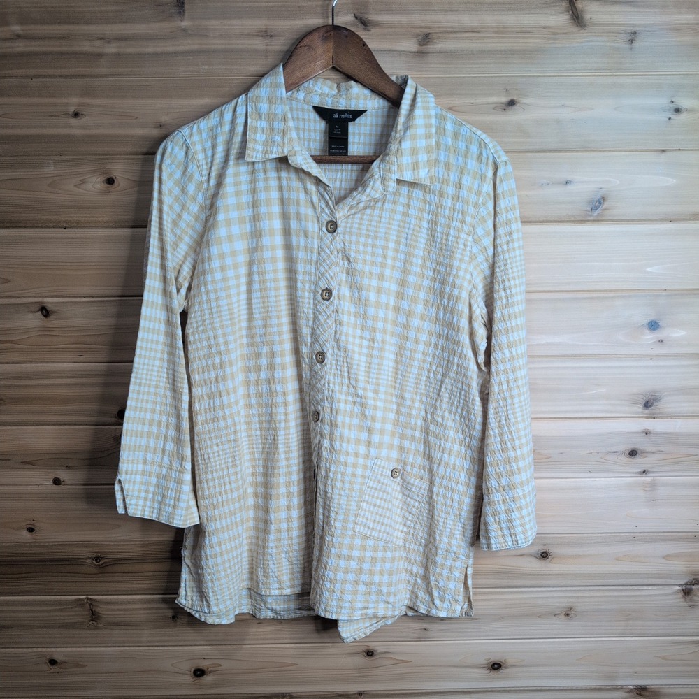Ali Miles Womens Medium Yellow Gingham Seersucker Cotton 3/4 Sleeve Shirt